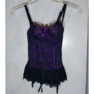 Baci Padded Push Up Corset Top Sz M (4/6) Purple & Black Lace Romantic Dainty